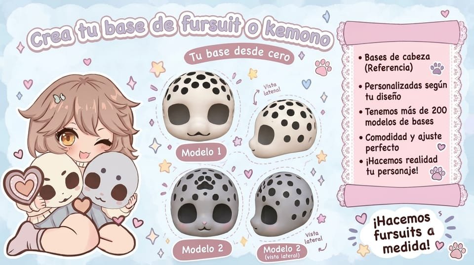 Cómo armamos tu base de fursuit o kemono: elegís un modelo de base, lo personalizamos según tu diseño.