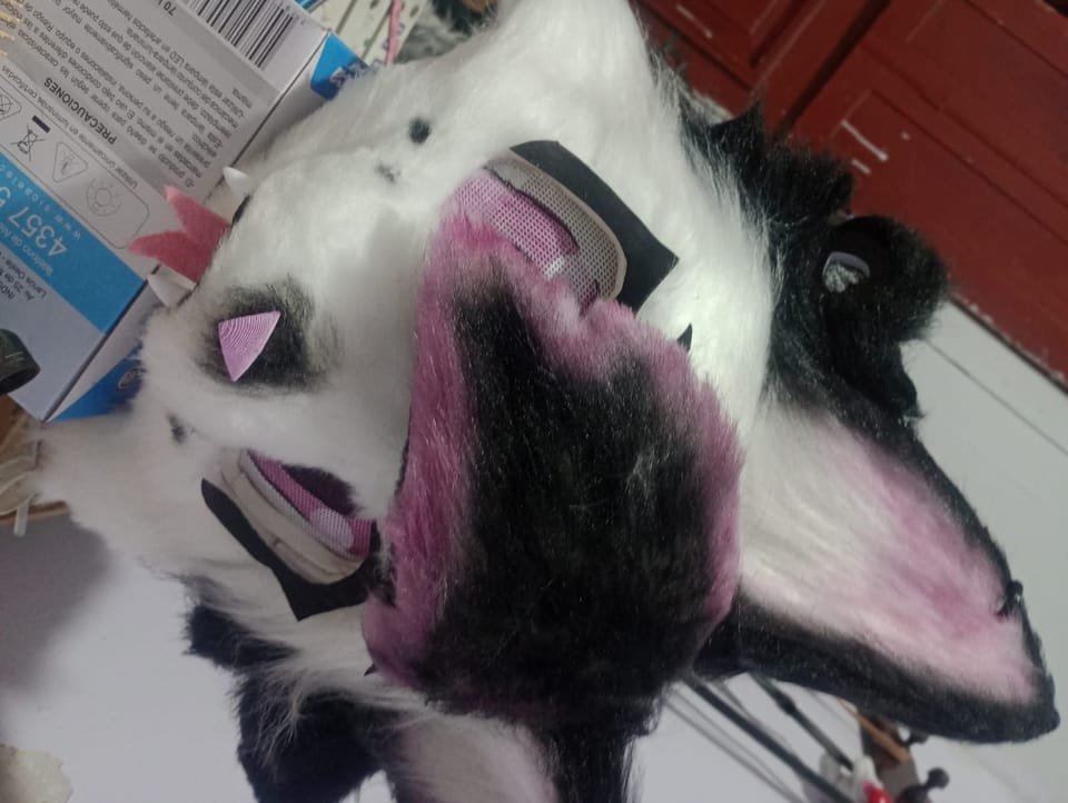 Cabeza de fursuit blanco y negro tipo gato con orejas rosadas por dentro.