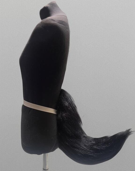 Cola de fursuit negra, vista de perfil sobre maniquí.
