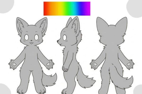 Ficha de referencia de un fursuit completo: vista frontal, lateral y trasera con paleta de colores.